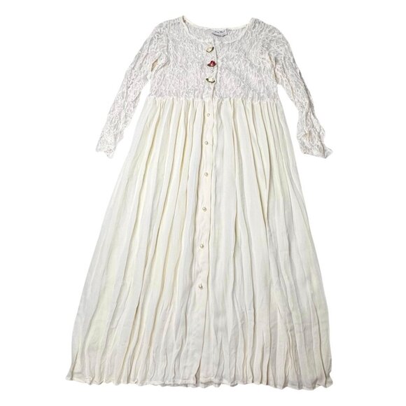 Vintage 90s Lace Midi Dress Sz.M Ivory Pleated Sheer Prairie Cottage Romantic - Picture 13 of 15